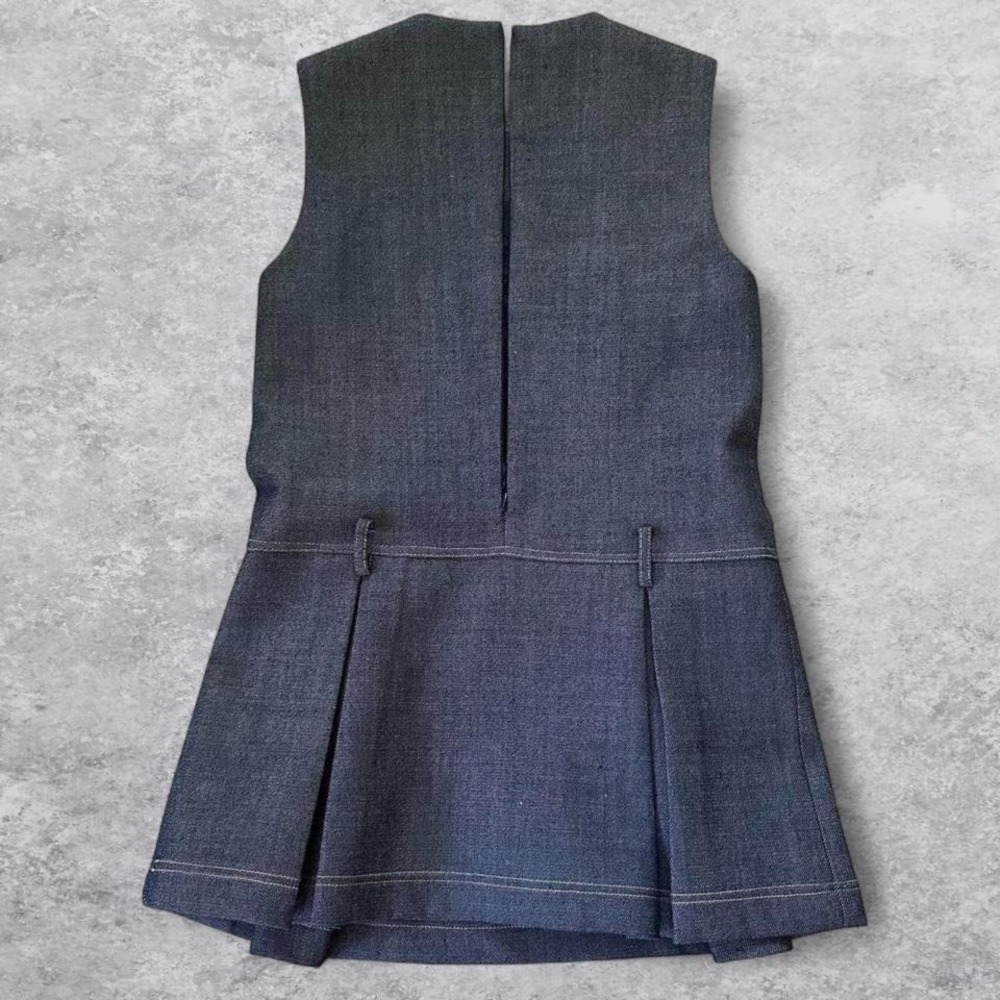 Honore Wool Blend Pleated Structured Mini Dress Dark Indigo Blue Gold Button S - Picture 5 of 8